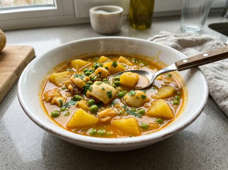 Guiso Marinero de Sepia con Patatas y Guisantes en Olla Rápida