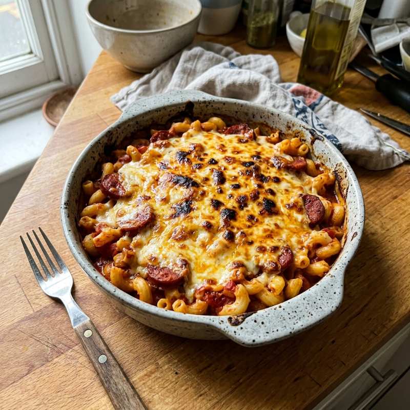 Macarrones Gratinados con Chorizo y Salsa de Tomate Casera